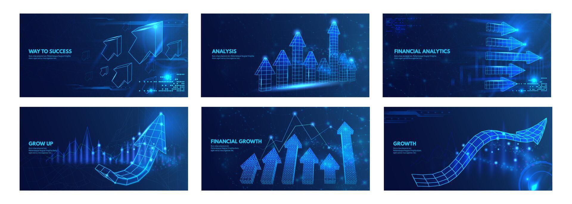 Wireframe 3d arrows charts. Business growth and financial success, futuristic technology analysis, investment profit or finance data. Stock market increase, uptrend indicators set vector