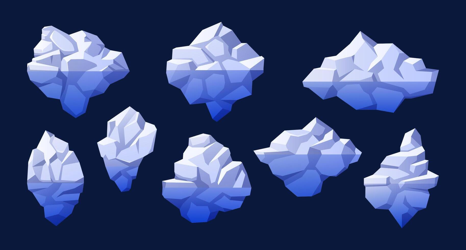 Floating icebergs. Arctic glaciers, frozen icy mountains and blue ice peaks. Cartoon iceberg with underwater part for diagram designs isolated illustration set vector