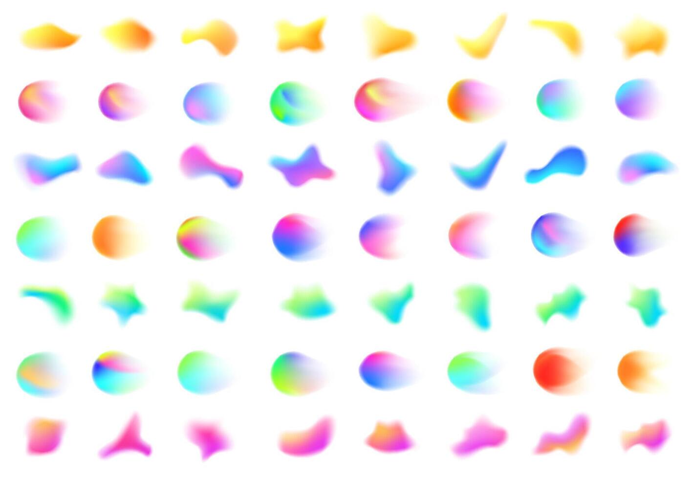 Colorful blurred gradient shapes. Abstract smooth fluid form, dynamic gradient mesh blob with blur effect and liquid color blend. Creative colors isolated set vector
