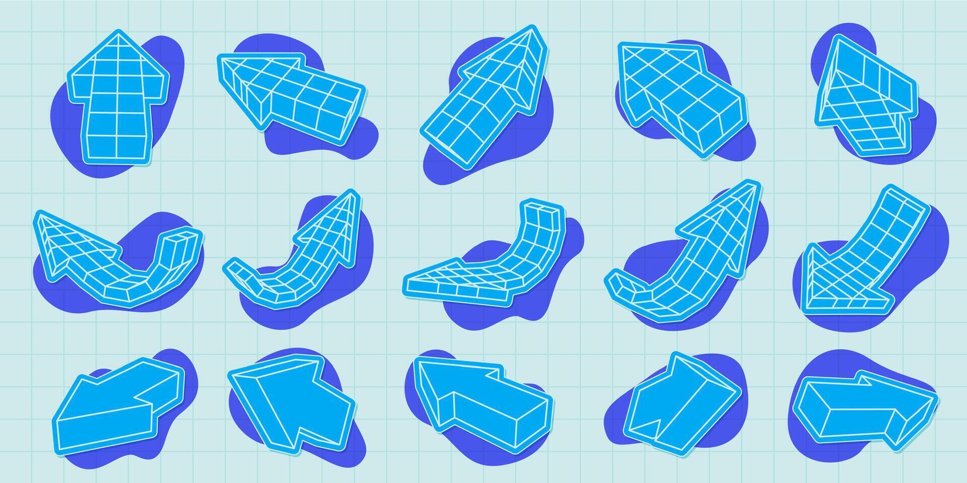 Arrow 3D wireframes. Futuristic grid arrows in various directions and orientations, digital geometric arrow pointers, pointing and turn navigation symbols set vector