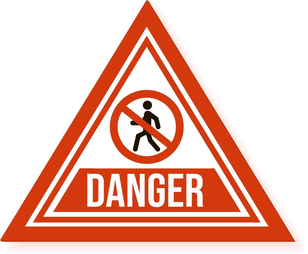 Red triangular warning traffic sign with no pedestrian symbol and danger inscription representing restricted area for people, isolated illustration on white background vector