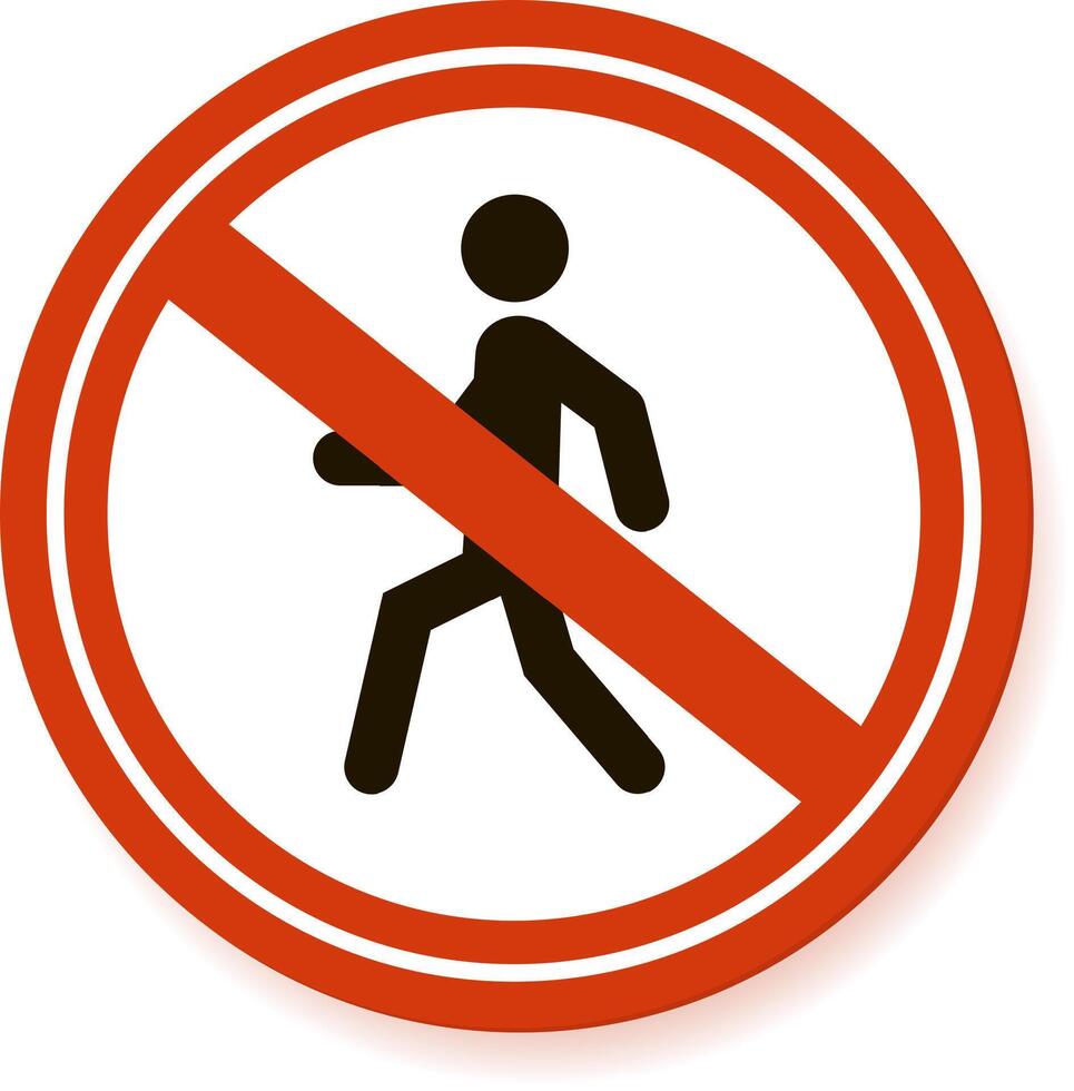 Red and white no pedestrian access sign, featuring a stick figure crossed out, conveying a clear message of restricted walking in a specific area, emphasizing safety and traffic regulations vector