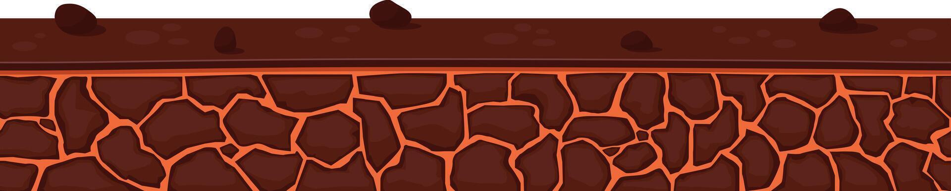 Horizontal seamless landscape element representing soil layers with dirt, clay, stones, and grass, useful for creating platformer videogame backgrounds vector