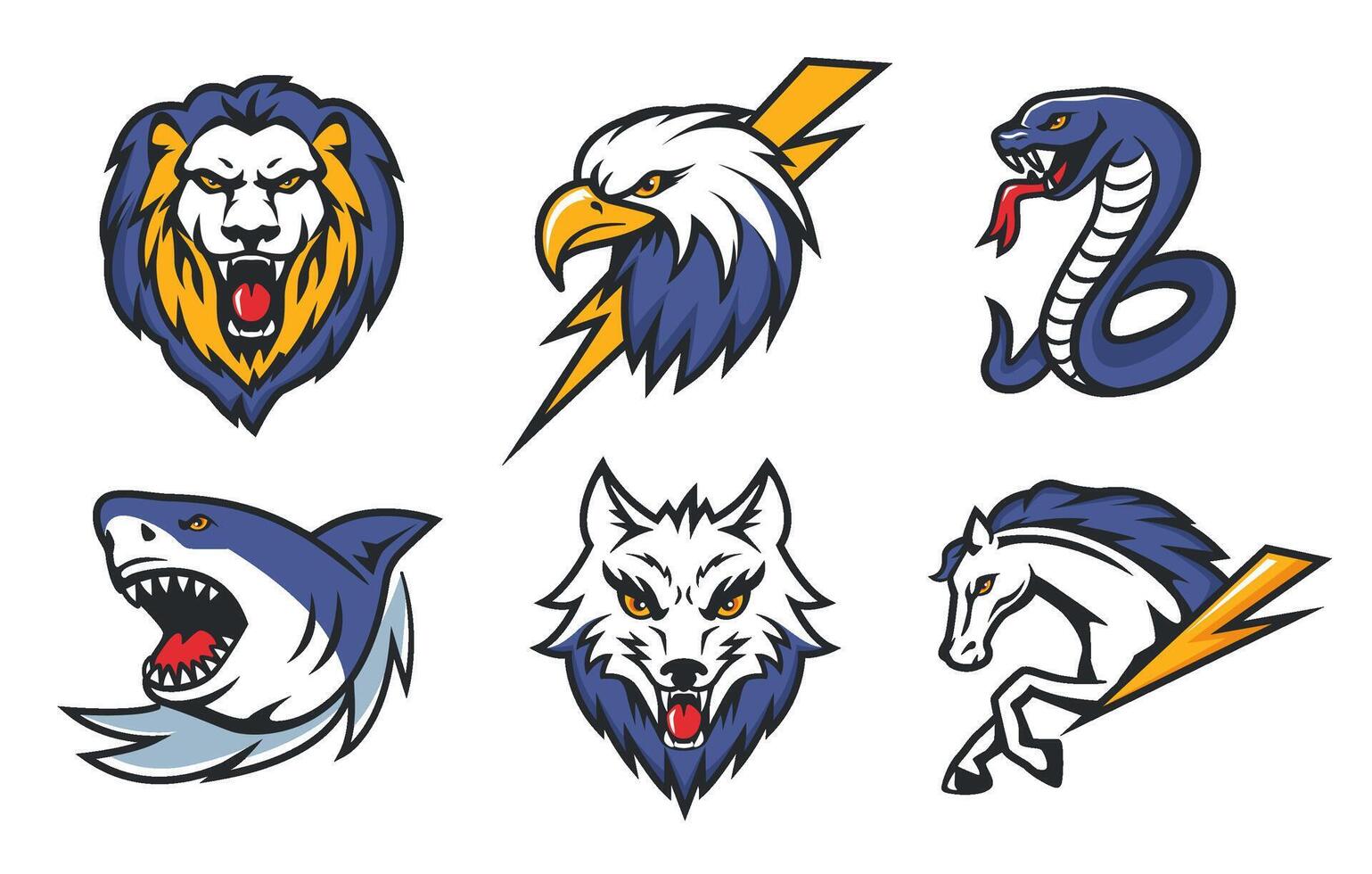 Animal decal. Sport team mascot beasts, bold lion, bald eagle, dangerous snake, extreme shark, angry wolf and fast horse for emblem or sticker design. Isolated set vector