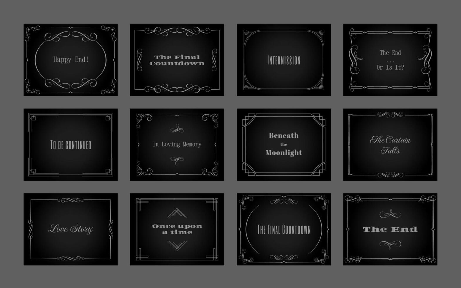 Silent film title card. Vintage intertitle frame borders, silent movie caption templates, the end and to be continued titles. Classic filmmaker bundle vector