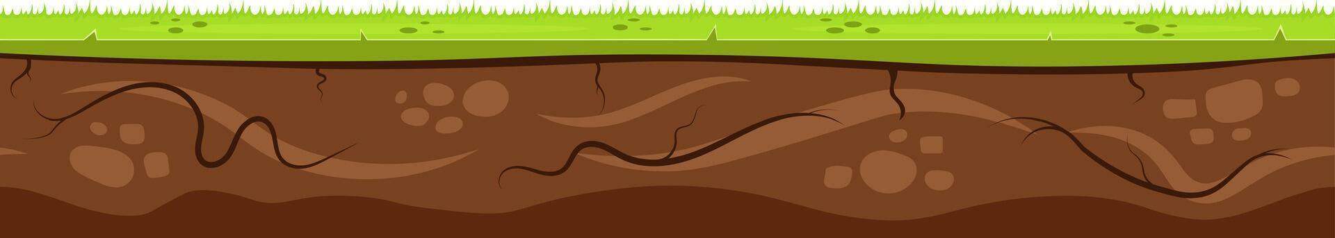 Cartoon ground layers are showing grass and soil with stones and roots, creating a detailed cross section view of the earth suitable for educational or nature themed projects vector
