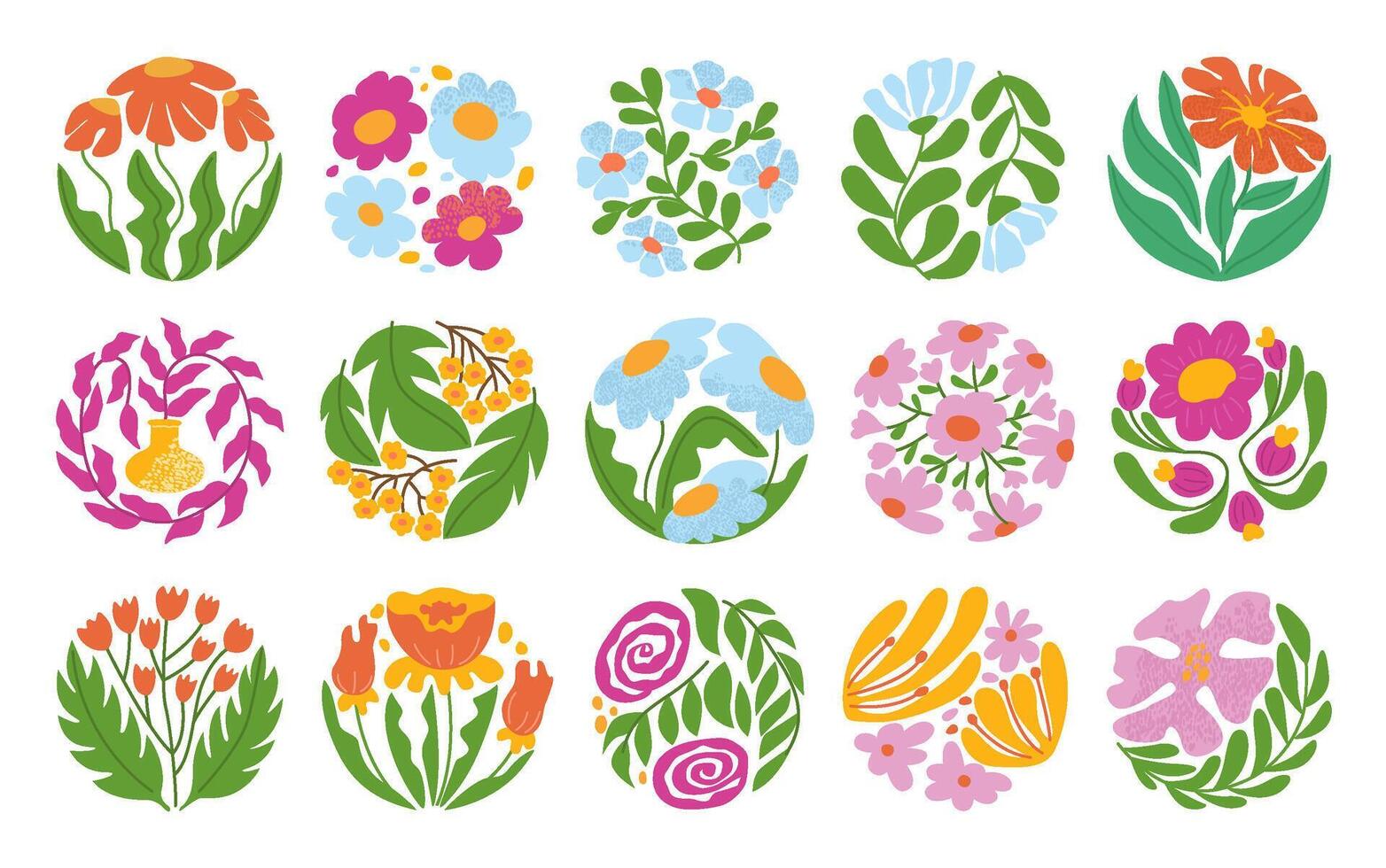 Abstract circle flower. Decorative blooming plant circular motifs with textured flowers and hand drawn leaves. Botanical coaster print designs with blooms and greenery illustration set vector