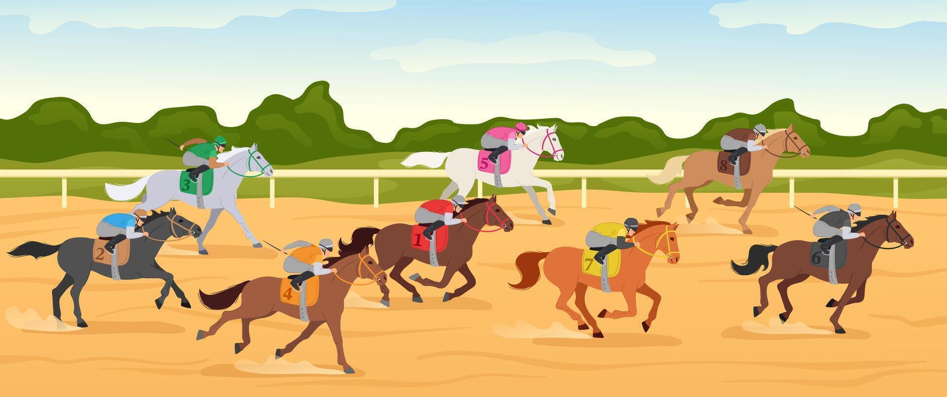 Cartoon hippodrome competition. Horse race track with jockey riding horses, equestrian sport and horse riders compete. Fast galloping tournament illustration vector