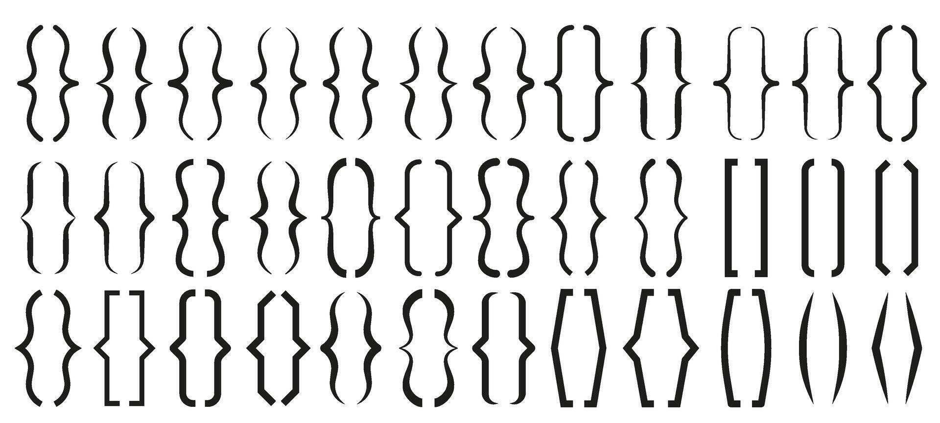 Text brackets. Curly bracket icons, typography braces pairs for quotation frame banners and quote box designs. Texting borders isolated symbols set vector