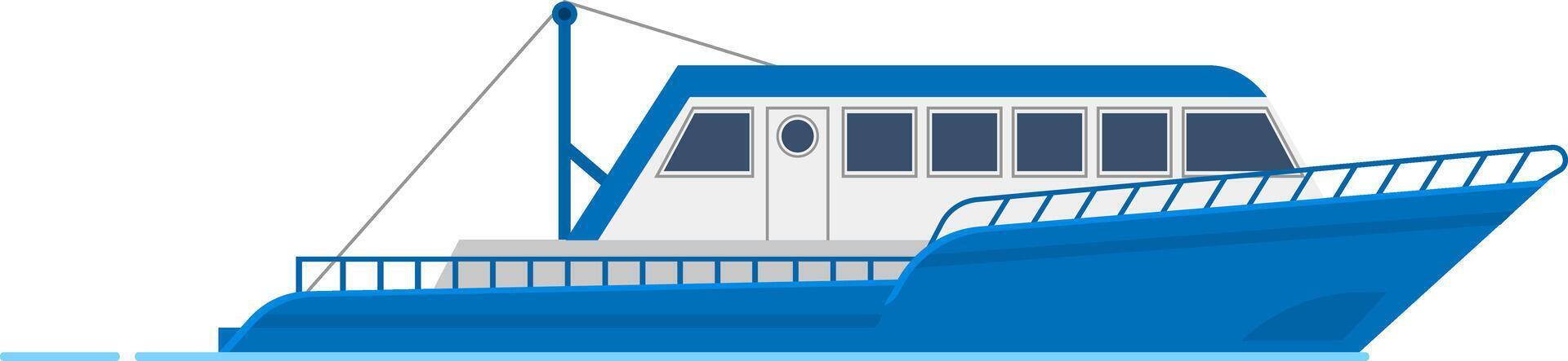 Modern fishing boat sailing on calm sea water, representing commercial fishing vessels used in the seafood industry, featuring railings, windows, and a crane for efficient operations vector