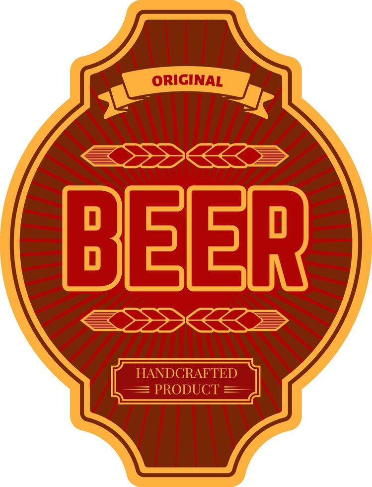 Vintage red and gold label showcasing handcrafted beer, featuring intricate ears of wheat and a striking sunburst design, perfect for enhancing branding and packaging vector