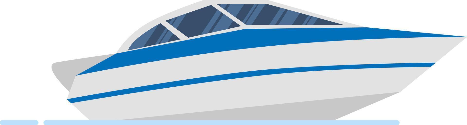 Modern white cabin cruiser featuring blue stripes, gliding smoothly across a tranquil sea, embodying the essence of summer vacations, travel adventures, and leisurely activities vector