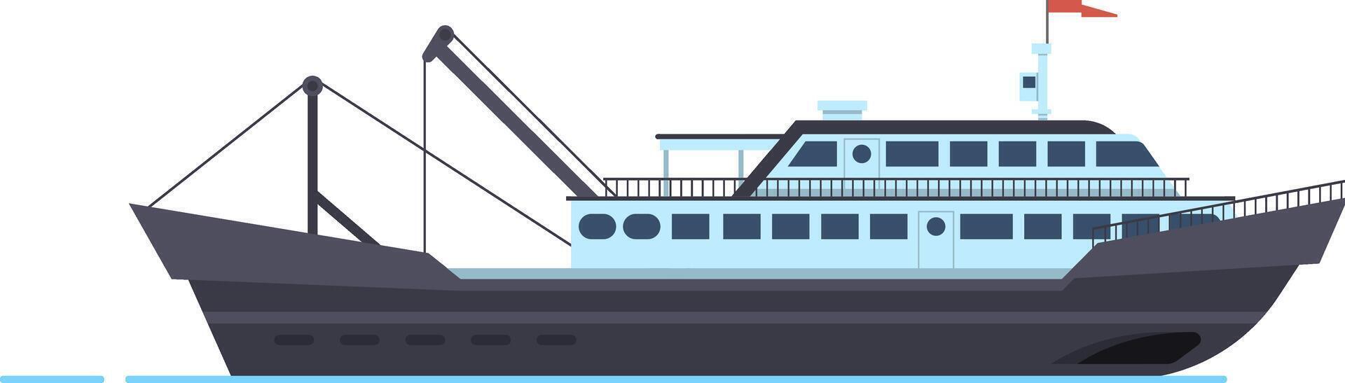 Fishing trawler boat sailing across the sea, serving the seafood industry as a commercial shipping vessel. Isolated illustration depicting a maritime scene with modern design elements vector