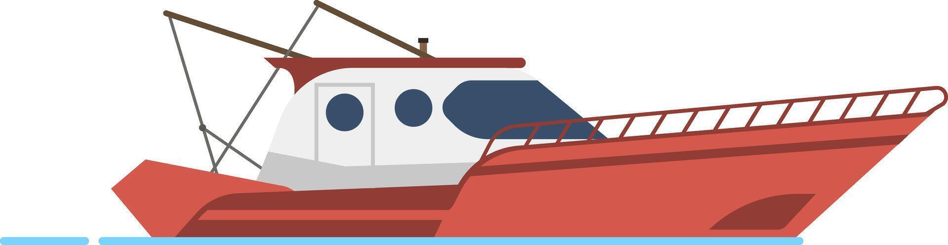 Red and white fishing boat sailing across the sea, representing a commercial vessel for the fishing and seafood industry, depicted in a side view illustration vector