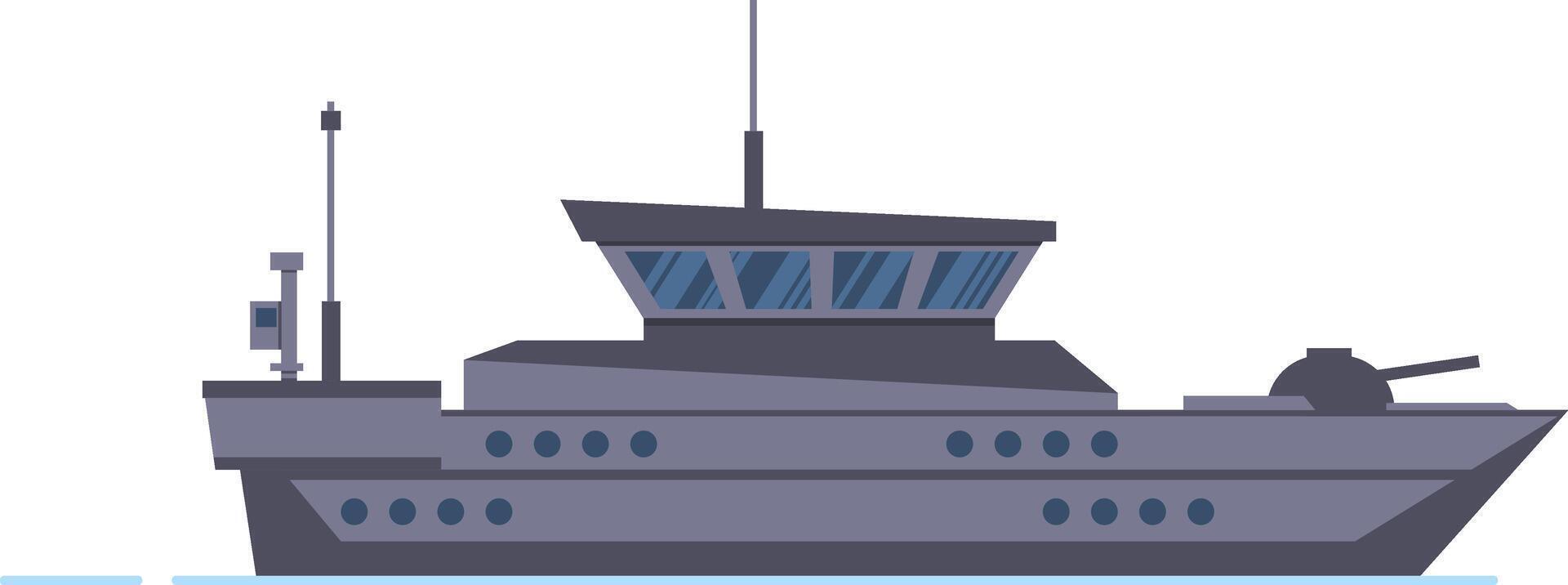 Powerful warship navigating on calm waters, featuring advanced radar technology and a mounted cannon, representing naval defense and maritime security vector