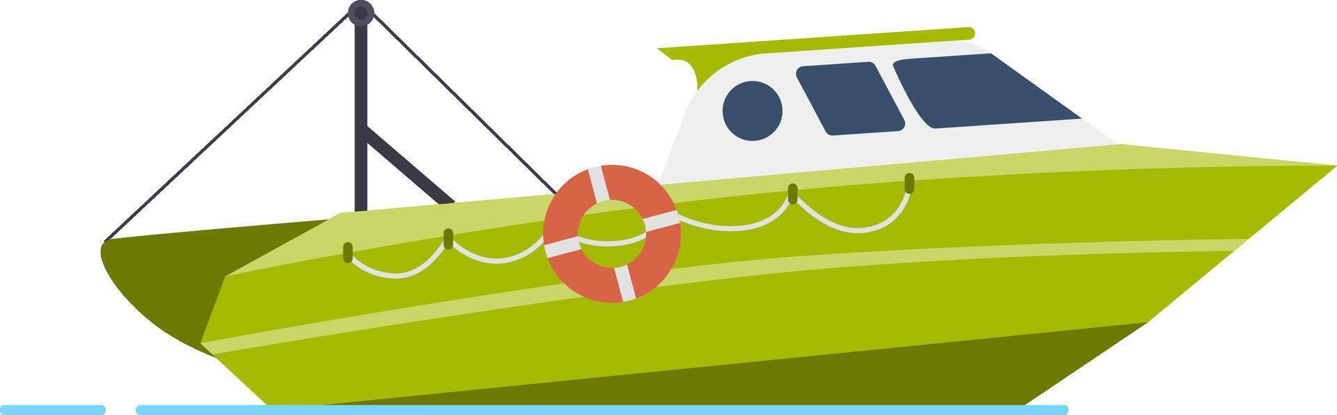 Green fishing boat sailing on the water with lowered fishing nets for commercial fishing, equipped with a lifebuoy, ready for fishing activities vector