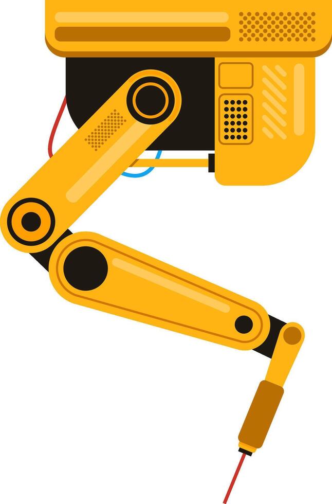 Yellow robotic arm using a laser, showcasing automation in industrial manufacturing, enhancing efficiency and precision in modern production processes vector
