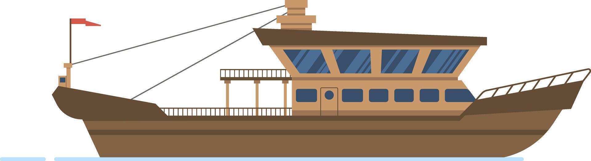 Illustration of a modern yacht featuring a sleek design, large windows, and a spacious deck. The vessel is depicted with a brown hull and a red flag, floating on calm blue water vector