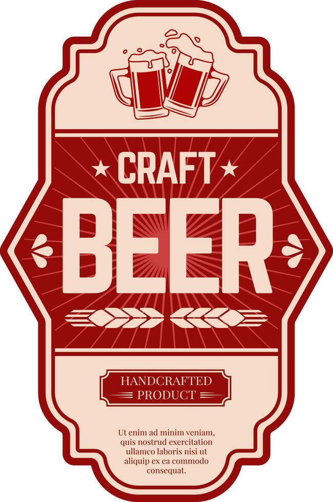 Two overflowing beer mugs toasting on a craft beer label, red and beige, with ears of wheat, stars and the words craft beer and handcrafted product vector