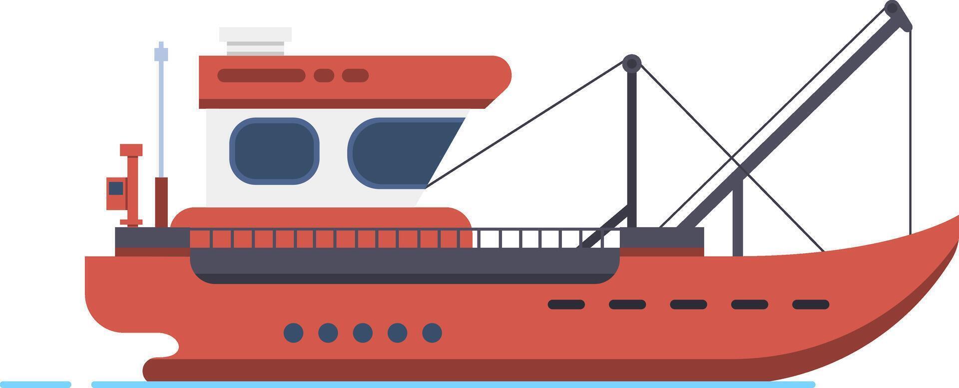 Red fishing boat sailing across the sea, showcasing a side view of a commercial fishing vessel, representing the seafood industry in a vibrant illustration vector