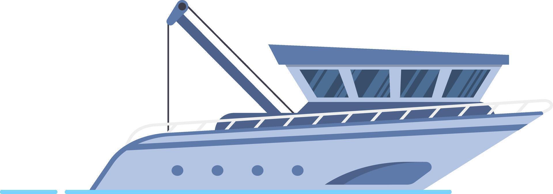 Modern fishing boat sailing across the sea, featuring a crane designed for commercial fishing. Isolated illustration capturing the essence of the seafood industry vector