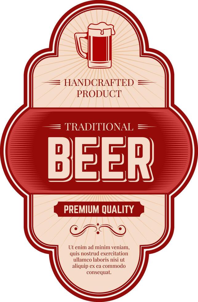 Red and beige vintage label showcasing handcrafted, traditional premium quality beer, featuring an overflowing mug filled with frothy foam, perfect for any celebration vector