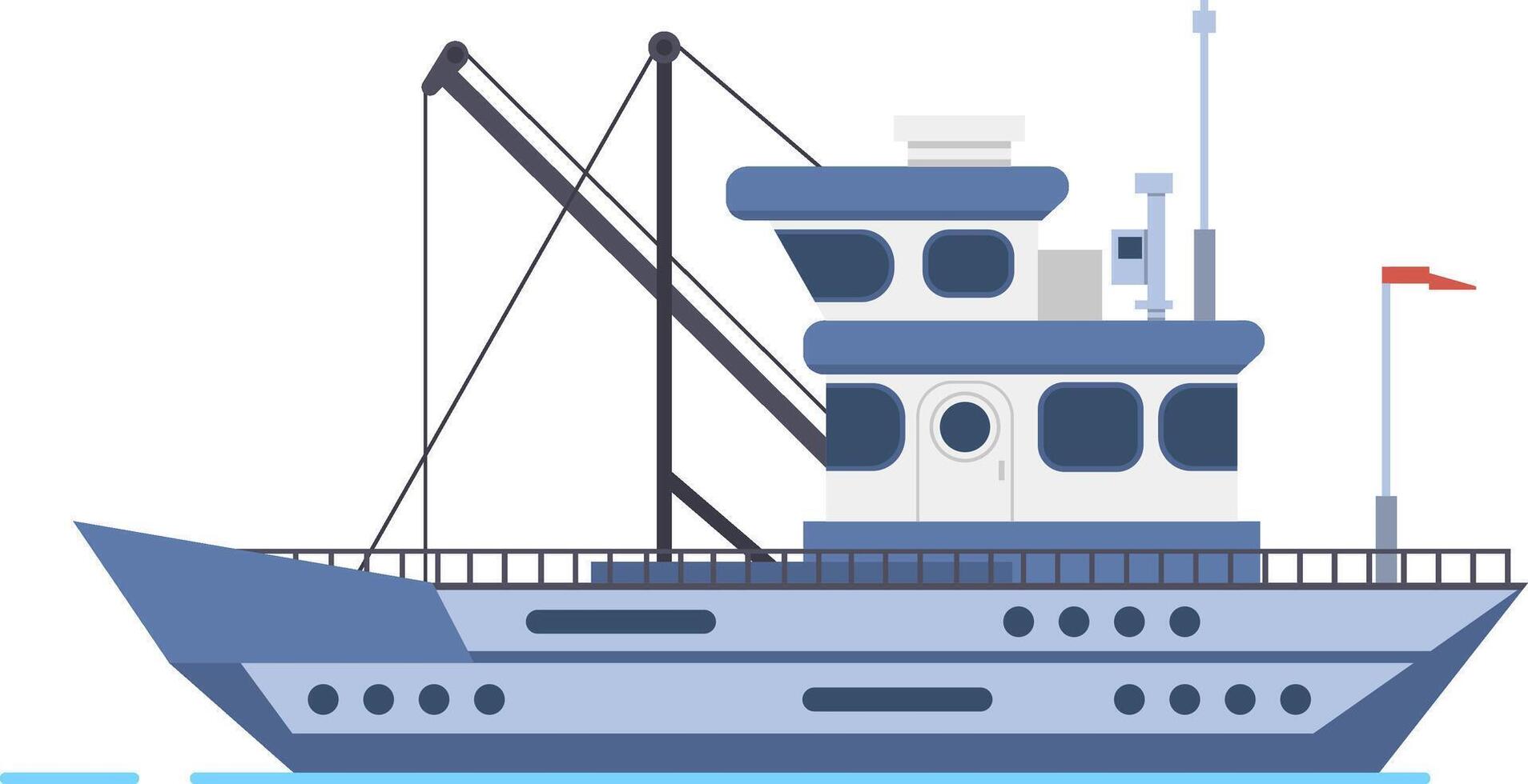 Modern fishing boat sailing on the sea, commercial fishing ship for seafood industry, fisher sea boat for ocean water, shipping seafood industry boat isolated illustration vector