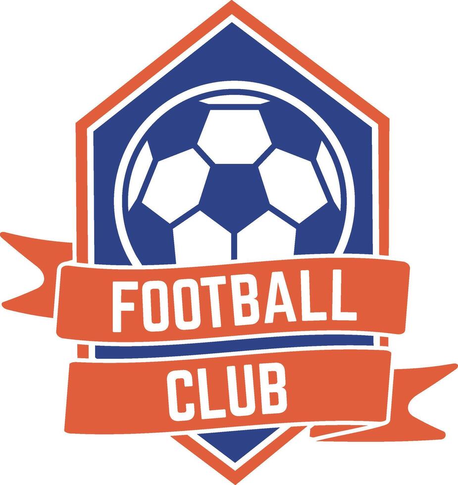 Orange and blue logo for a football club featuring a ball and a ribbon banner with the words football club written on it, perfect for sports branding and team identity vector