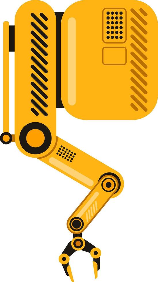 Yellow robotic arm designed for industrial automation. Featuring multiple joints. A gripping claw. And advanced technological components. Enhancing efficiency and precision in manufacturing processes vector