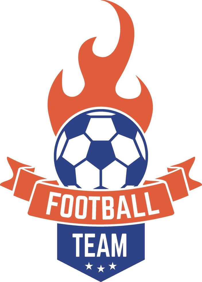 Football team logo displaying a burning soccer ball alongside an orange ribbon featuring the text football team set against a clean white background, radiating energy and passion vector
