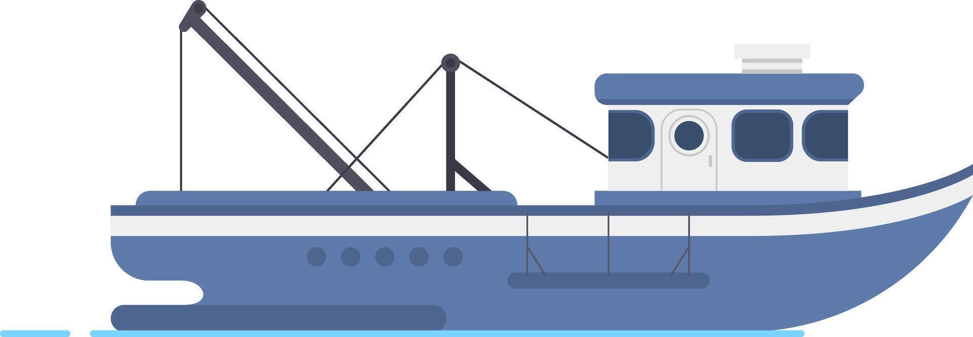 Side view of a fishing boat floating on calm water, featuring crane, cabin, and portholes, ideal for representing commercial fishing, seafood industry, or maritime themes vector