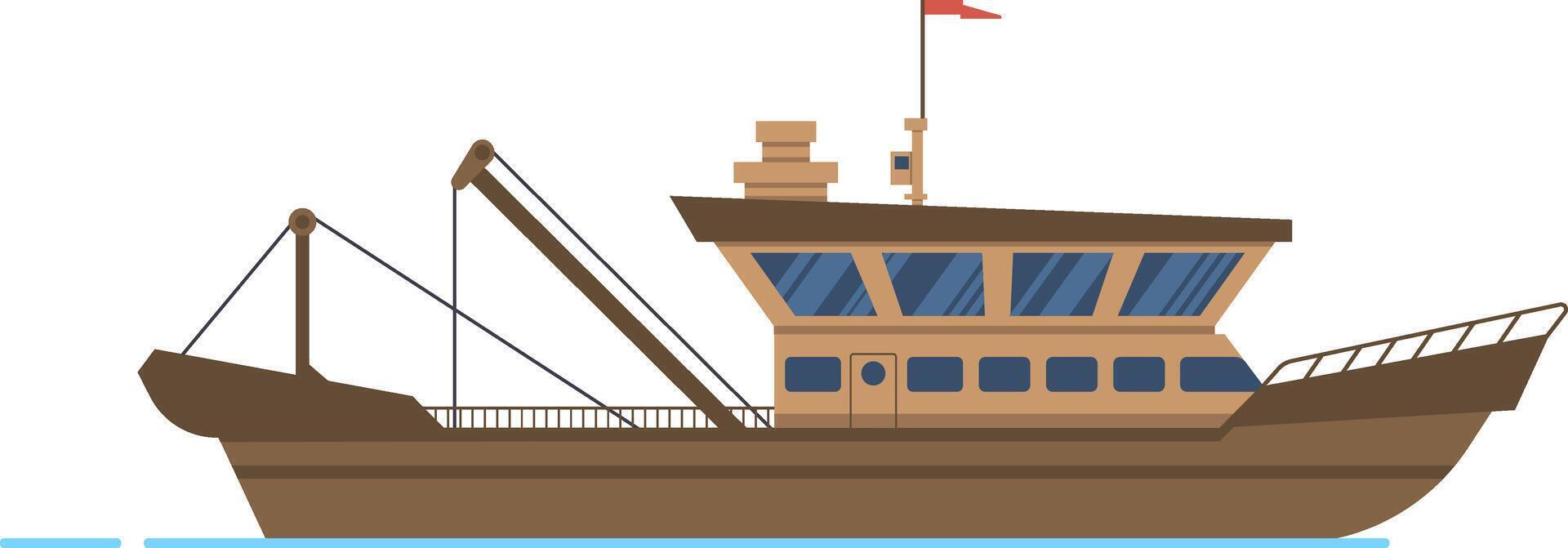 Large wooden fishing boat sailing on calm blue water, equipped with fishing gear and a red flag waving in the wind, representing the commercial fishing industry and seafood production vector