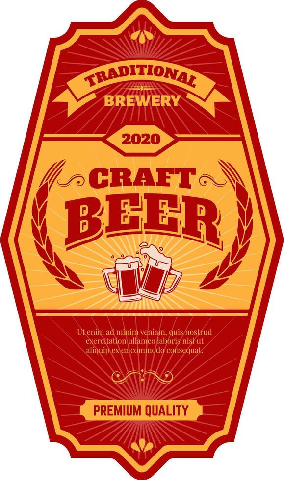 Red and gold vintage label celebrating craft beer from a traditional brewery, featuring two overflowing mugs, wheat, and a premium quality banner vector
