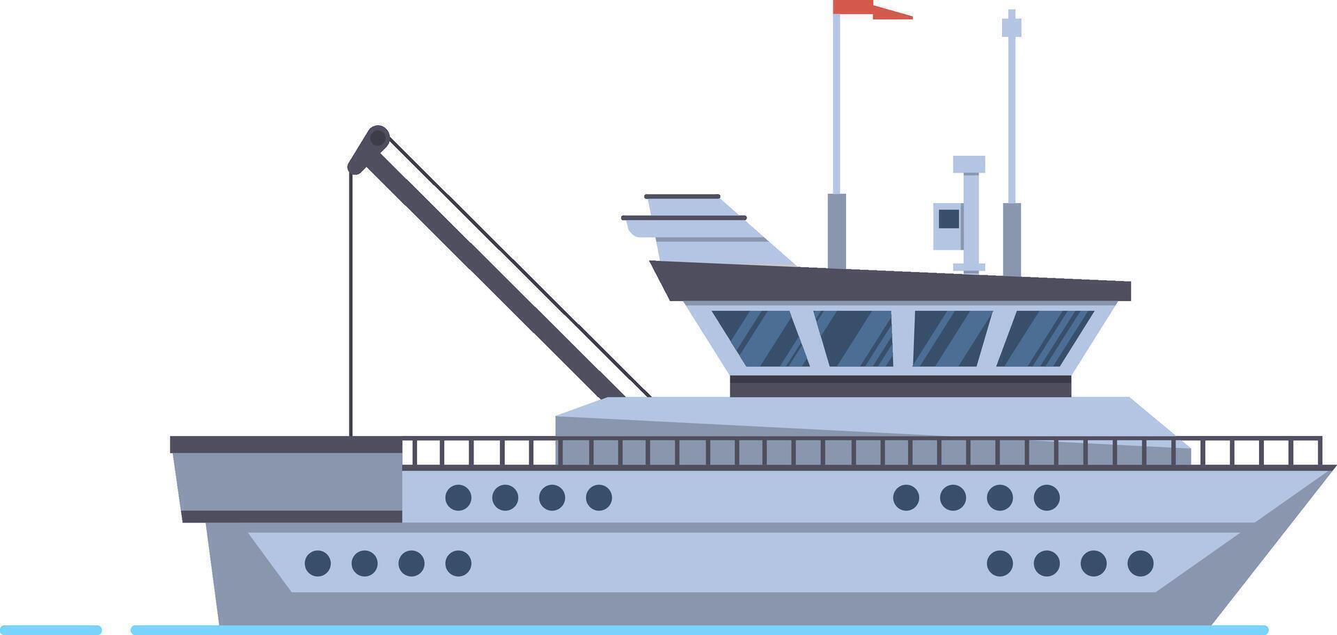 Large modern fishing boat sailing on the sea, commercial fishing ship with crane for seafood industry, side view illustration isolated on white background vector
