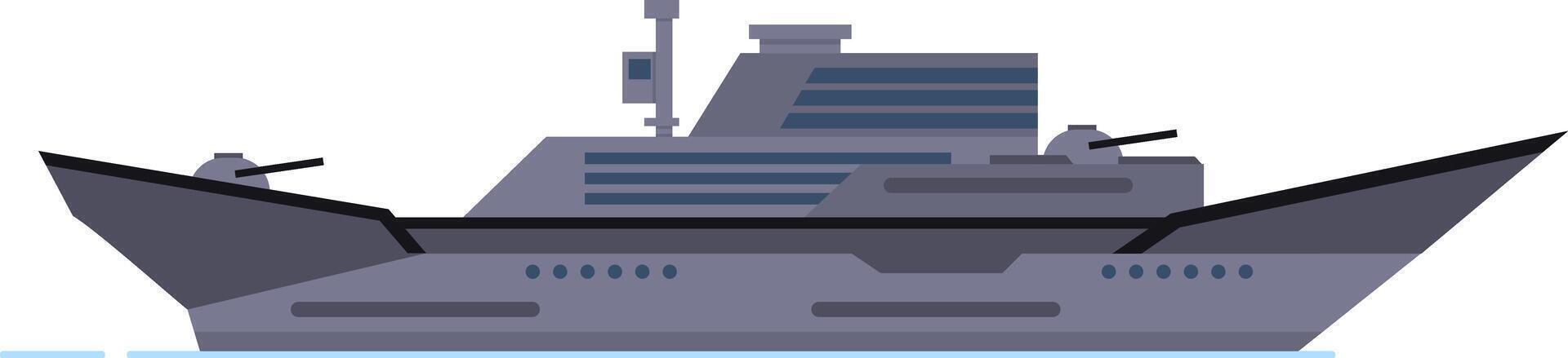 Modern warship sailing on calm sea, featuring cannons, radar antennas, and advanced technology, representing naval military power and maritime defense vector