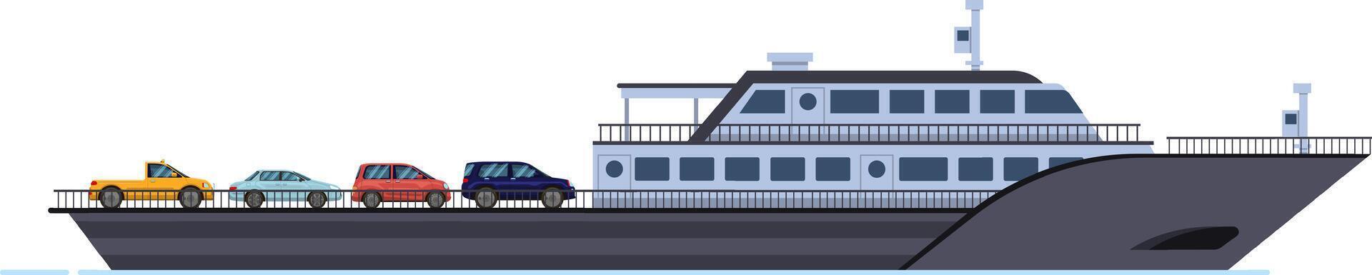 Ferry boat transporting cars across a scenic waterway, providing a convenient travel option for both vehicles and passengers while navigating the open sea or river vector