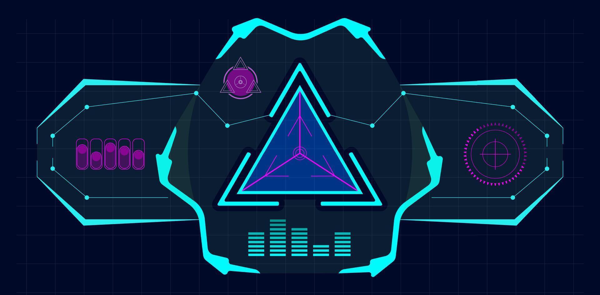 Futuristic virtual screen featuring a central glowing triangle with various digital elements and indicators against a dark grid backdrop, embodying advanced technology and data analysis vector