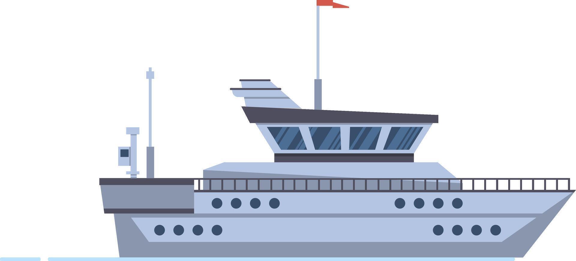 Luxurious yacht sailing on calm water, featuring a modern design, a raised deck, large windows, and a prominent red flag waving in the wind, symbolizing freedom and adventure vector