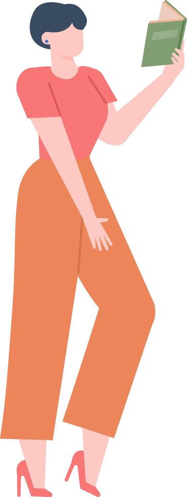 Young woman standing gracefully in elegant attire, engrossed in reading a book, embodying the essence of literature and education in a vibrant illustration vector