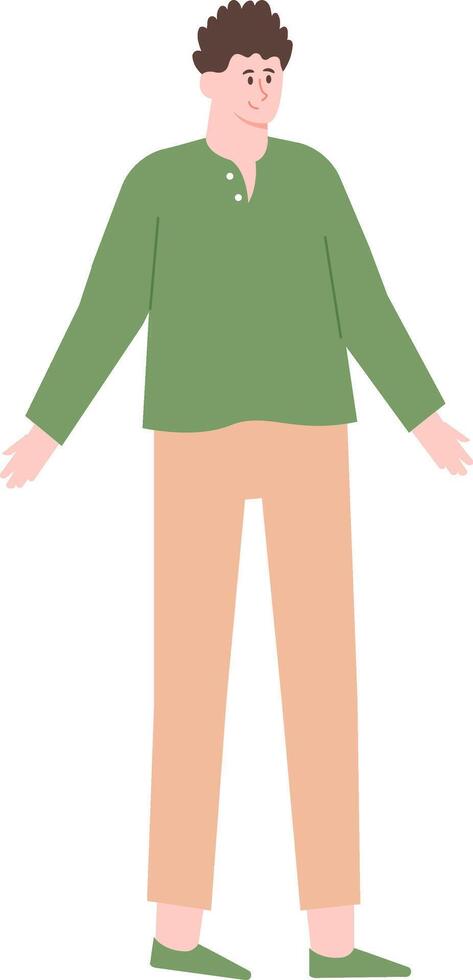 Full length illustration of a friendly young man standing with open arms, wearing a green long sleeved shirt and beige pants, conveying a welcoming and approachable attitude vector