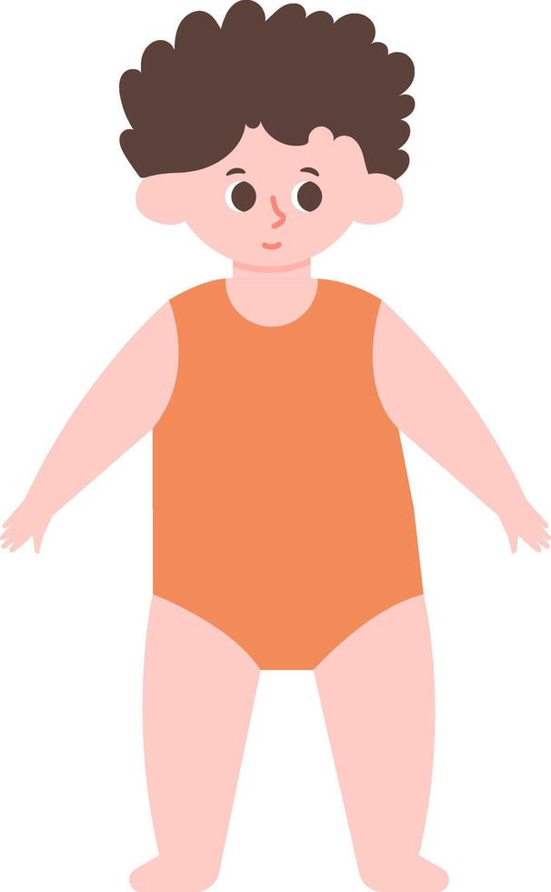 Full length illustration of a cute toddler with curly hair wearing an orange bodysuit, standing with open arms, isolated on a white background, perfect for childcare or parenting projects vector