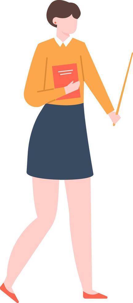 Young female teacher walking with a book in one hand and a pointer in the other, teaching and education concept, simple flat illustration isolated on white background vector