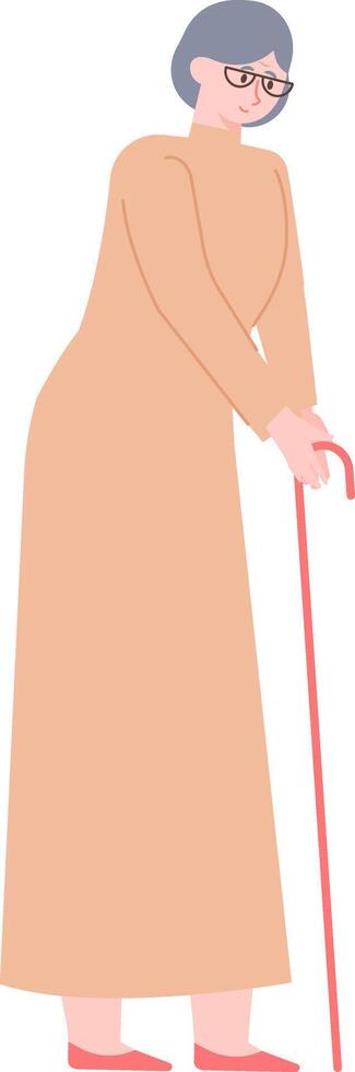 Full length illustration of an elderly woman with gray hair and glasses, standing and holding a cane, symbolizing the aging process and the challenges of mobility in old age vector