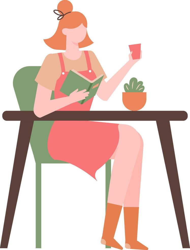 Young woman enjoying reading a book while holding a cup, sitting comfortably at a table with a potted plant, depicting leisure and relaxation at home vector