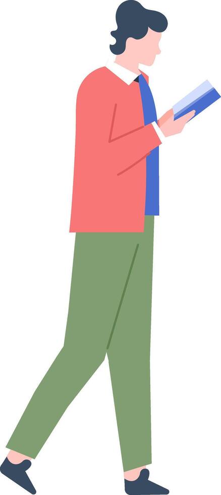Young man is walking while engrossed in reading a book, potentially a student or a book lover, showcasing the concept of mobile learning, enjoying literature, and self improvement vector