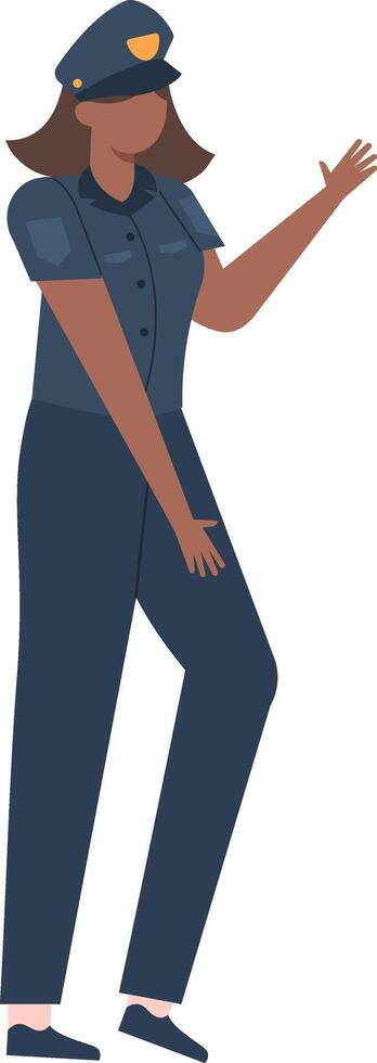 Illustration of a female police officer in uniform, confidently gesturing with one hand. The image represents women in law enforcement, showcasing strength and professionalism vector