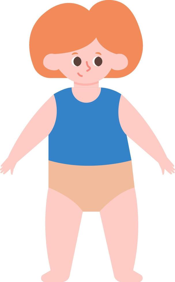 illustration of a red haired toddler wearing blue sleeveless shirt and beige diaper standing with open arms, isolated on white background representing childhood and innocence vector