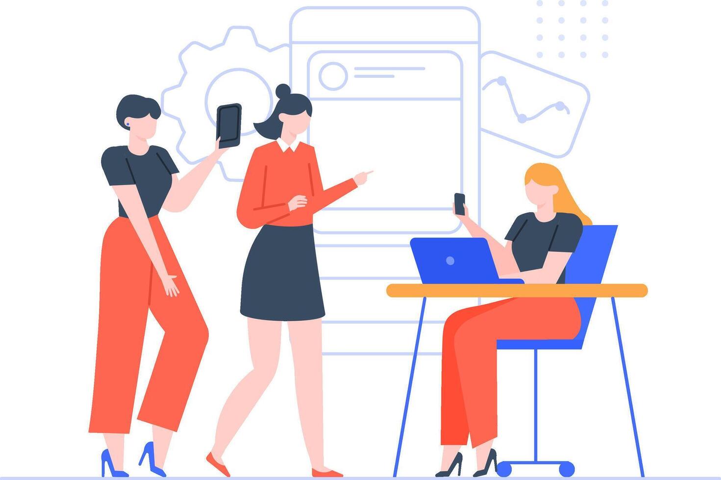 Businesswomen colleagues working together using laptop and smartphone, discussing marketing strategy and analyzing financial charts in a modern coworking space vector