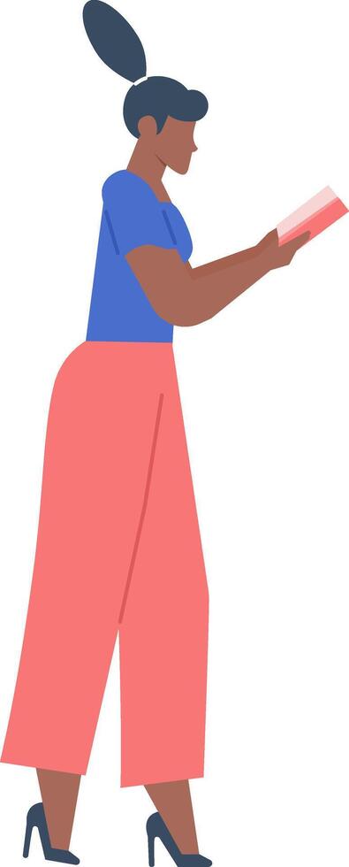 Young black woman with high heels and elegant clothes holding an open book in her hands, enjoying reading while walking, literature and education concept vector
