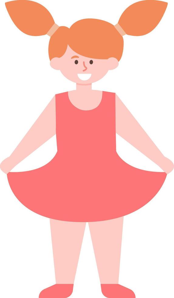 Full length illustration featuring a cheerful red haired girl in a sleeveless dress, joyfully playing with her outfit against a clean white background vector
